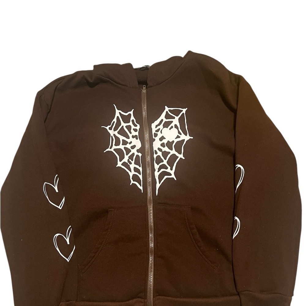 #93 Brown Zip Up Hoodie with White Spider Web Design size XL Womens - Picture 1 of 3